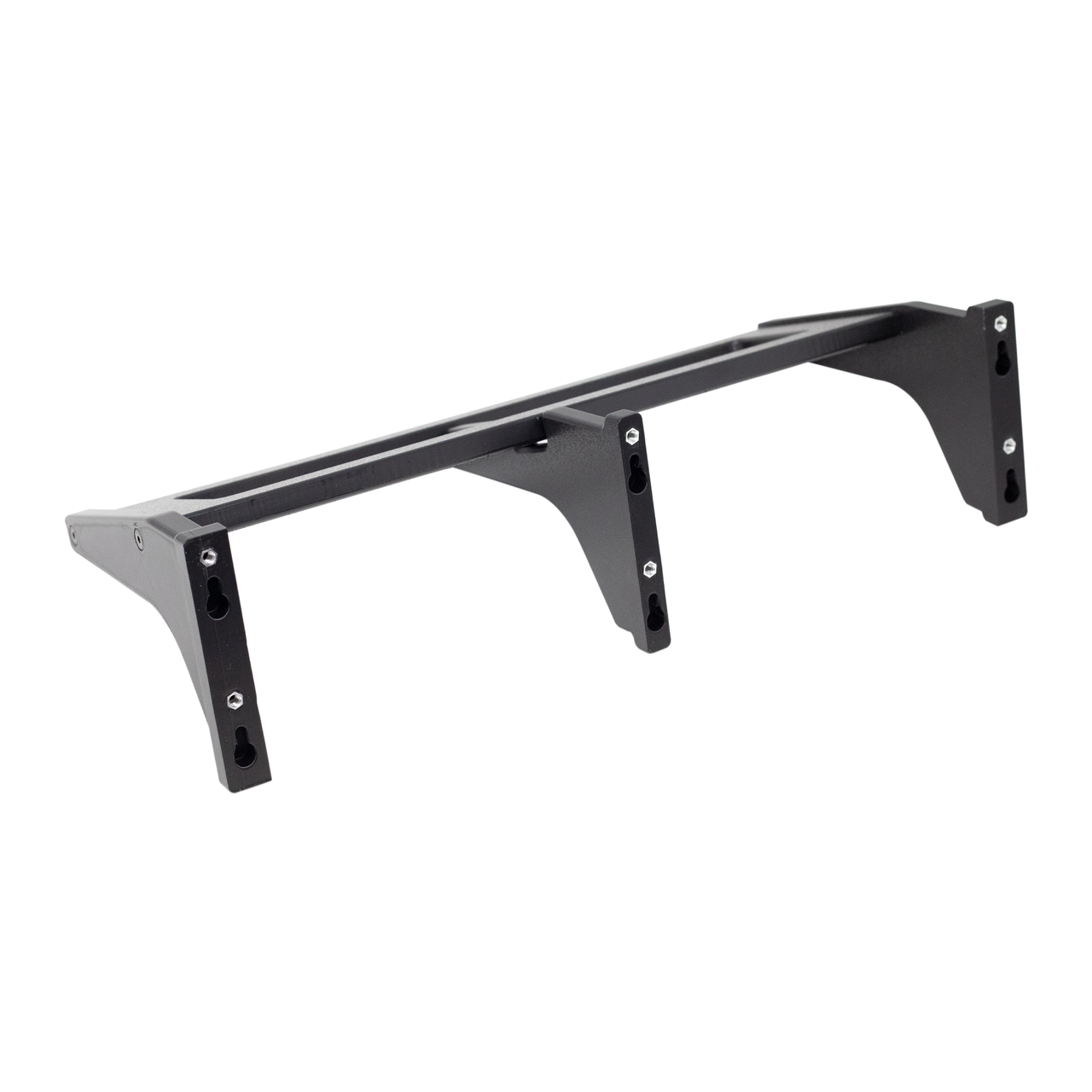 Backside view of black plastic vertical four gun storage mount, lower portion of mount shown displaying slots that can be used to direct wall mount or silver mount locations for tactical slat wall hardware