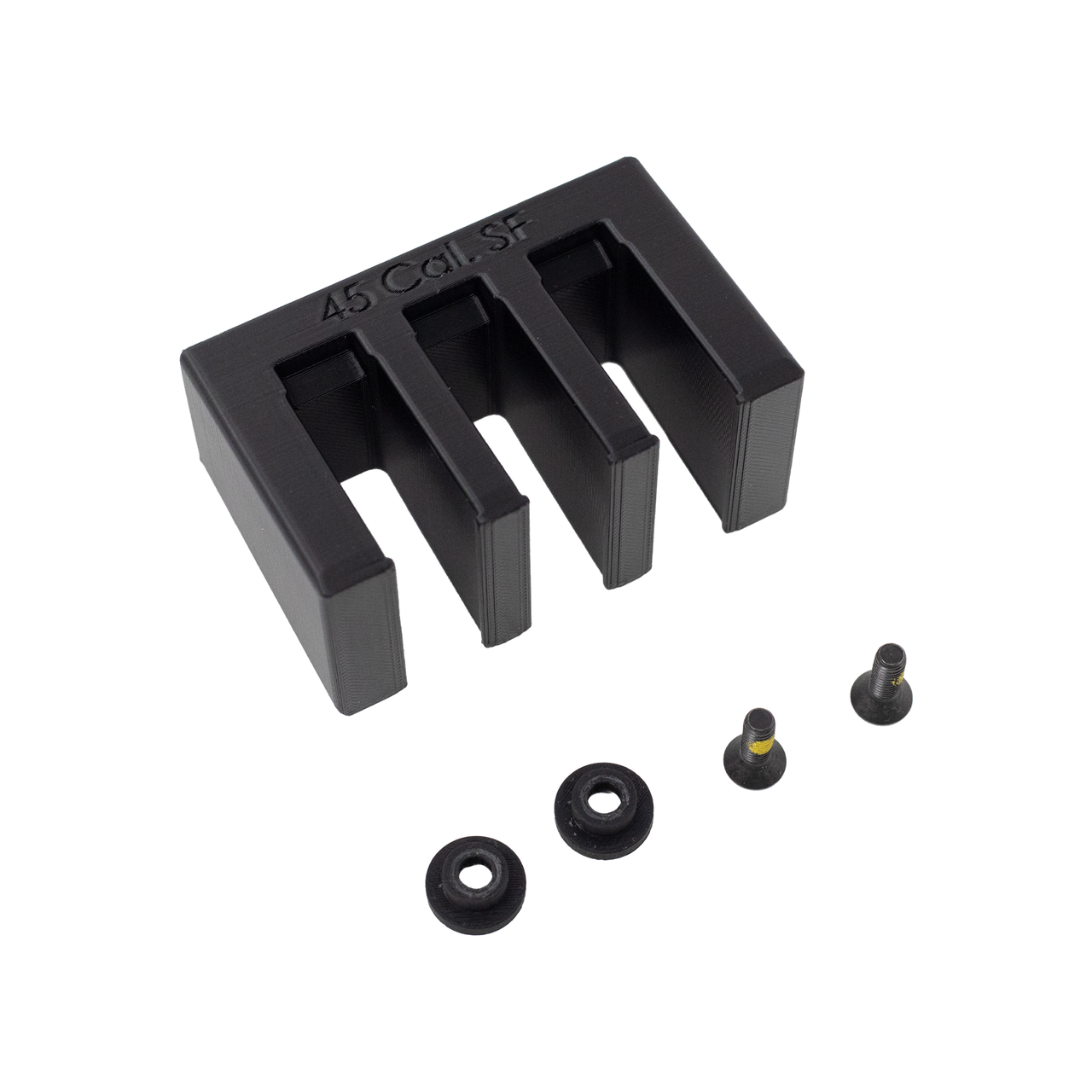 Black pistol magazine hanger for 45 cal  magazines with hardware on a white background, 3 magazine capacity