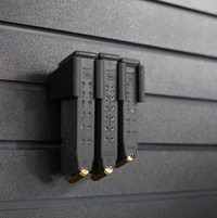 Thumbnail for Black pistol magazine hanger showing both 9mm & 40 cal magazines installed into mount and hung on an Assault Wall tactical slat wall panel, 3 magazine capacity