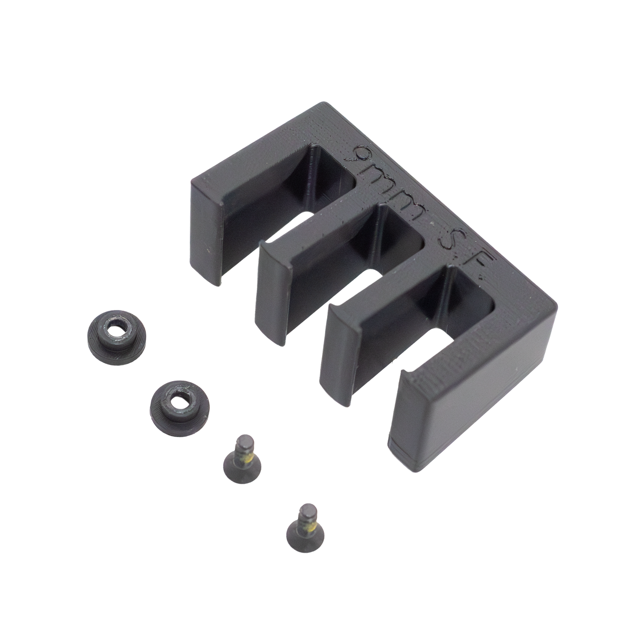 Black pistol magazine hanger for 9mm single stack slim magazines with hardware on a white background, 3 magazine capacity