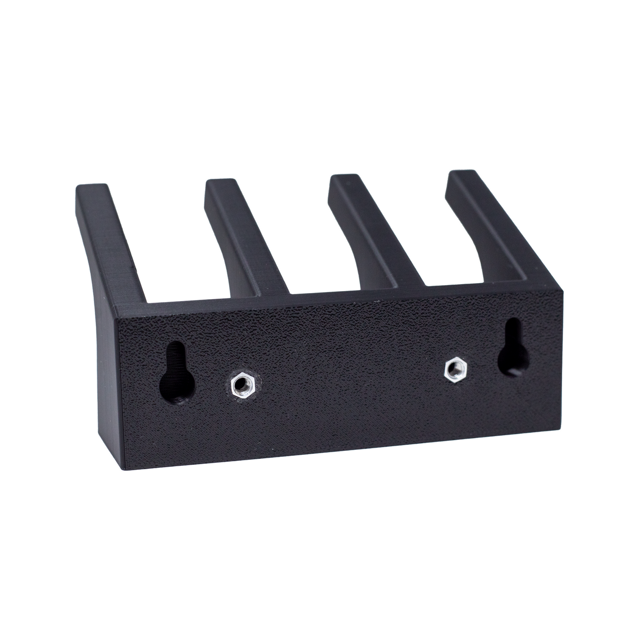Backside view of a 3 mag capacity rifle magazine wall hanger showing the slots for direct wall mounting and slat wall hardware placement
