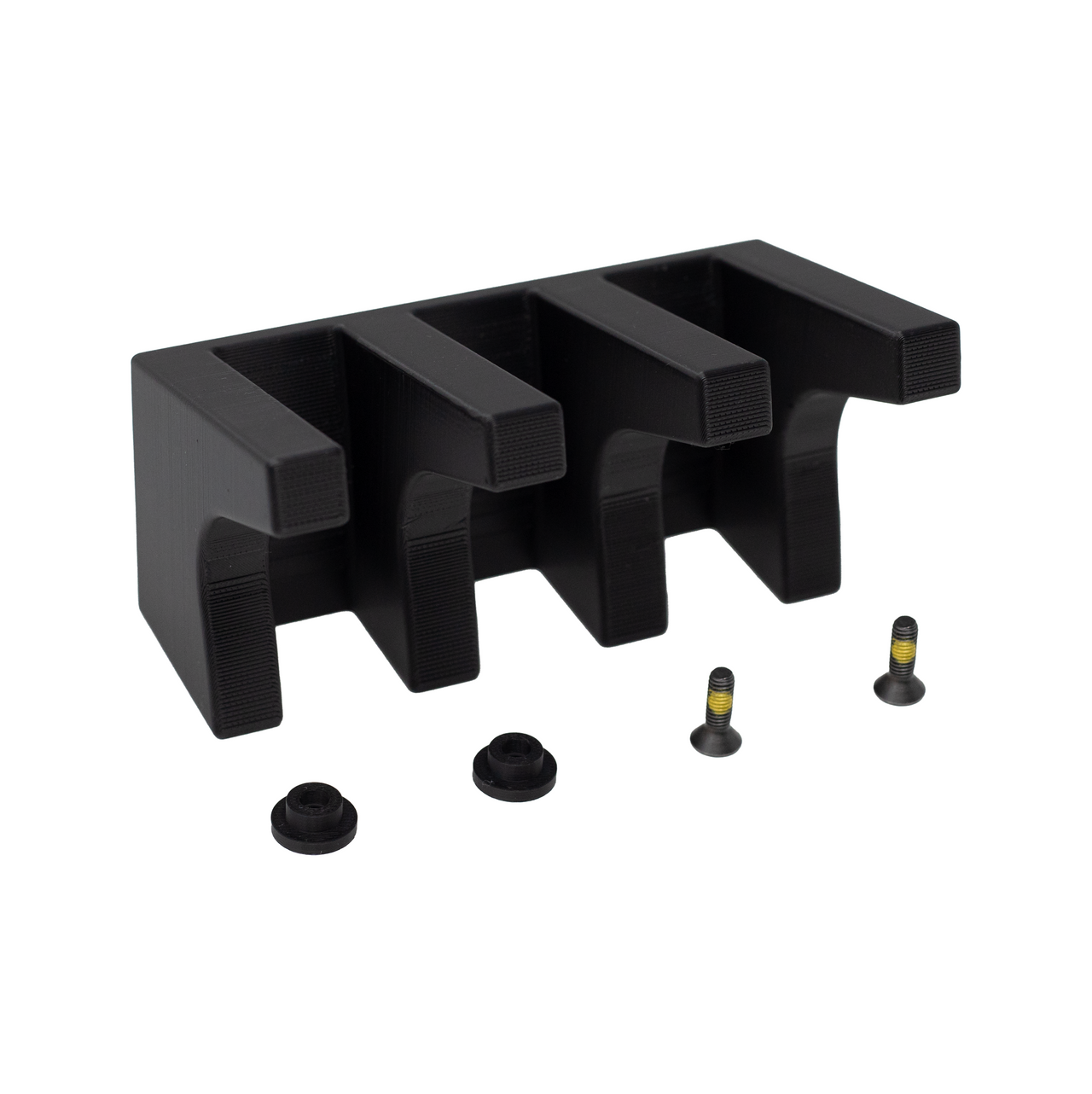 3 mag capacity AR-15 Magazine wall hanger with hardware on a white background