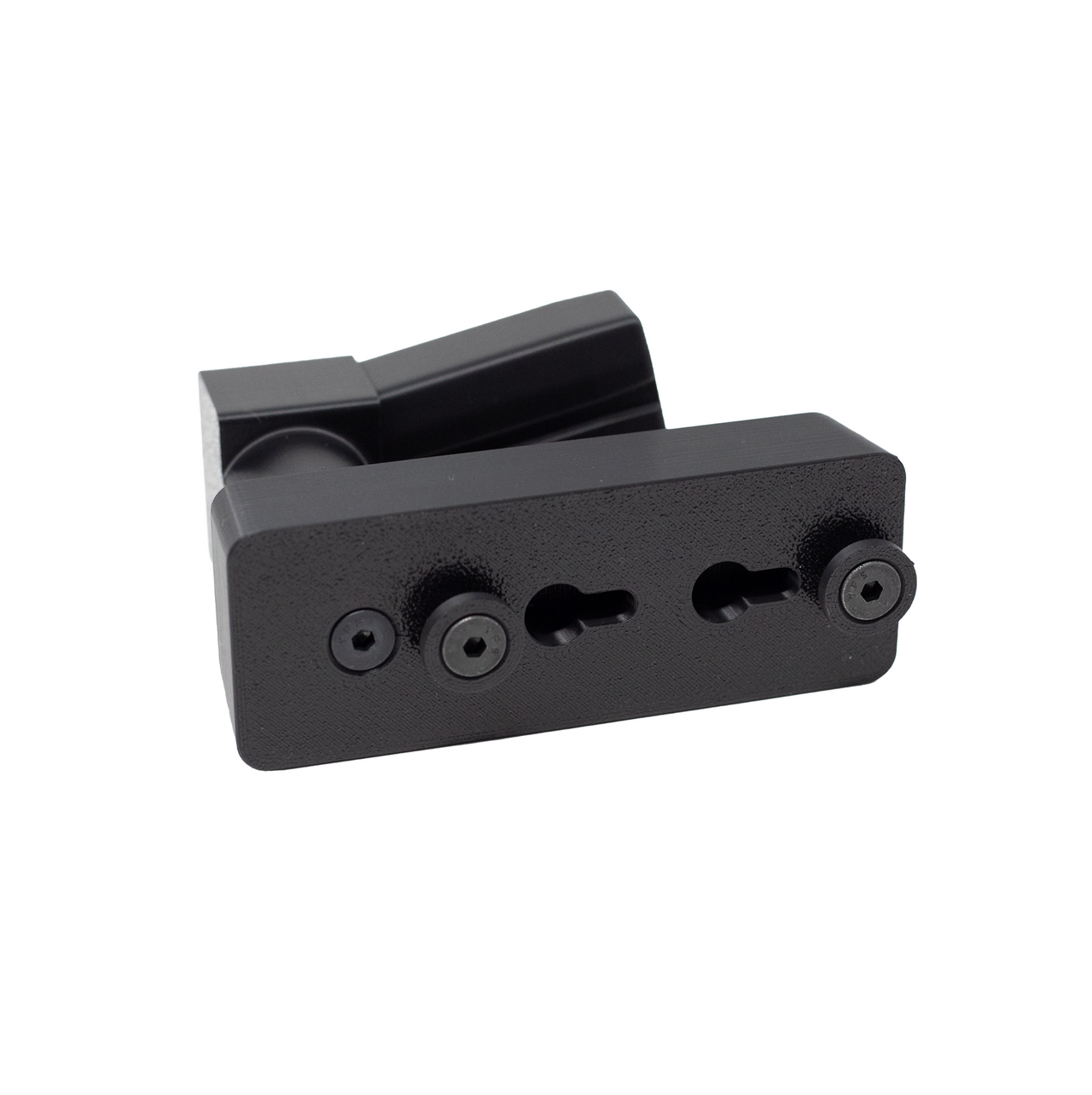 backside of magazine mounted pistol hanger showing slots for assault wall slat wall mounting on a whilte background