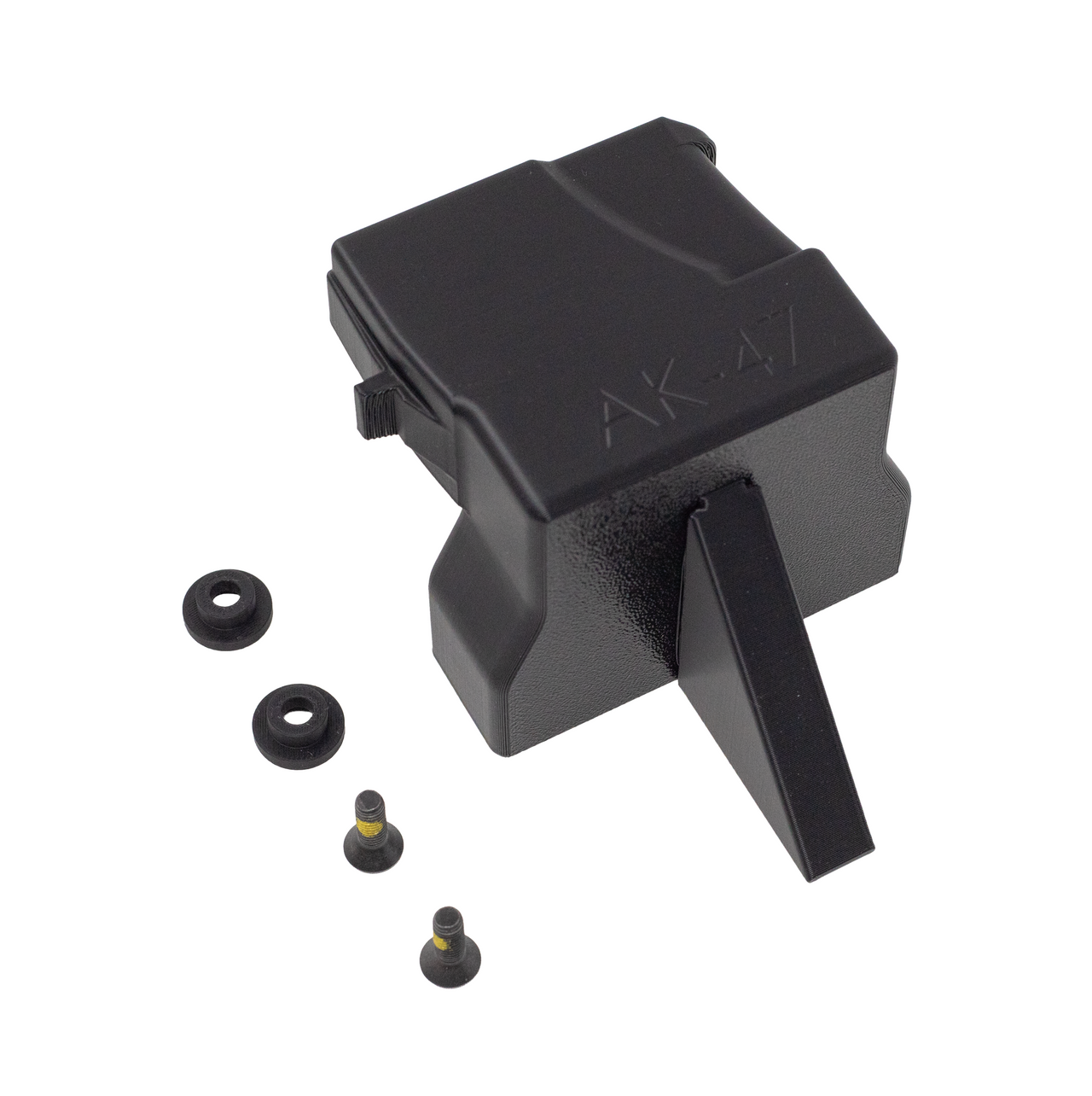 AK47 rifle magazine mounted wall hanger with hardward on a white background, right facing