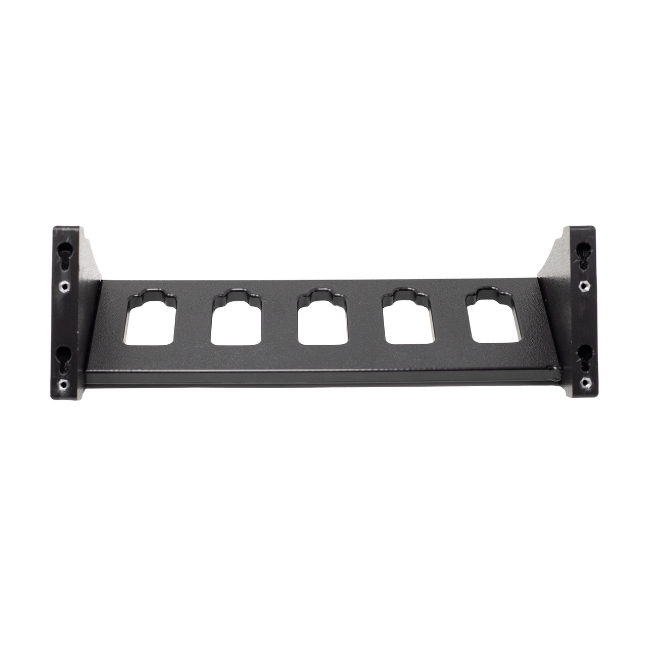 Backside view of black plastic five pistol storage and organization mount whoing the direct wall mounting slots or the silver locations for slat wall mounting hardware