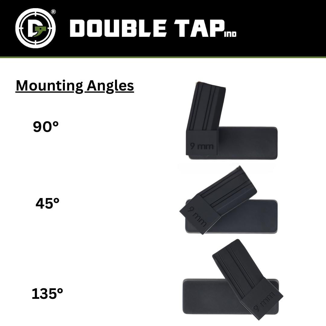Diagram of Assault Wall Magazine-Mounted Pistol Hangers by Double Tap Industries displayed at 90°, 45°, and 135° angles, each labeled and positioned for optimal handgun storage. Double Tap Industries logo and name feature at the top.