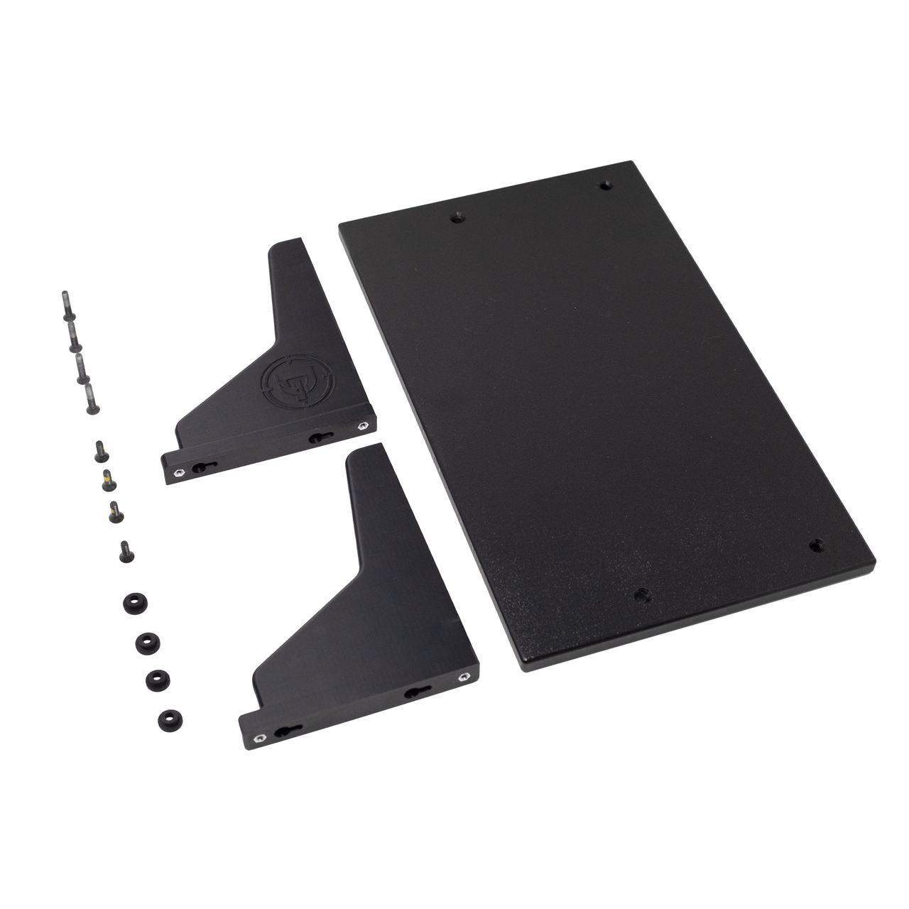 15" black plastic shelf with two support backets and several pieces of hardware on a white background