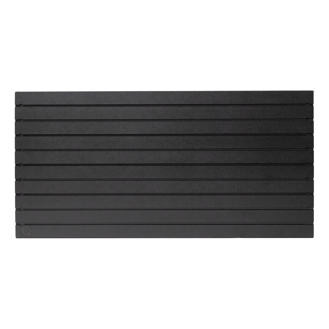 Black plastic tactical slat wall panel with small Double Tap Ind. logo cut into the surface of lower left corner,  name of panel is Assault Wall