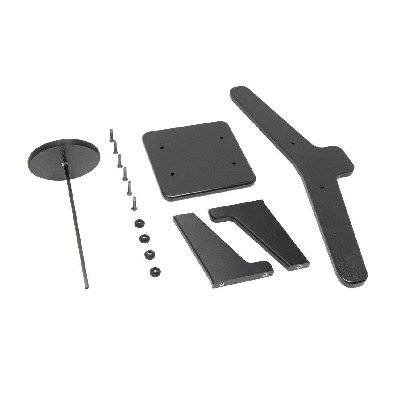 Unassembled view of black plastic  plate carrier and helmet hanging system meant for heavy duty tactical gear to mount to Assault Wall slat wall