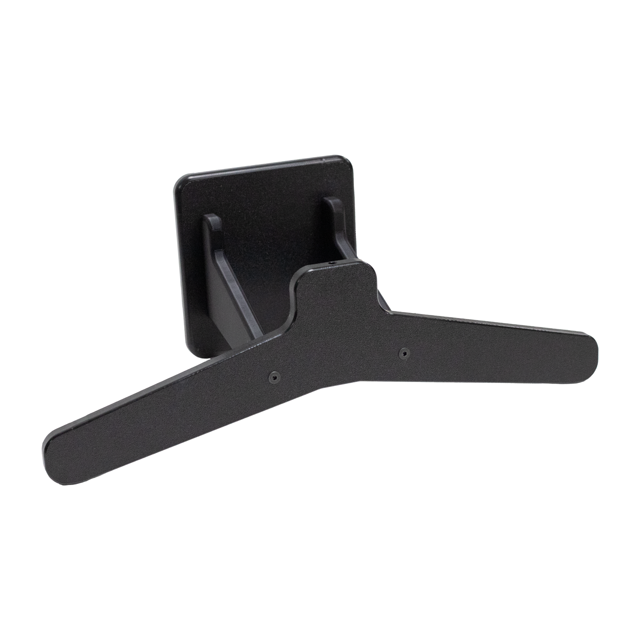 Assembled view of black plastic  plate carrier hanging system (without the helmet mount) meant for heavy duty tactical gear to mount to Assault Wall slat wall