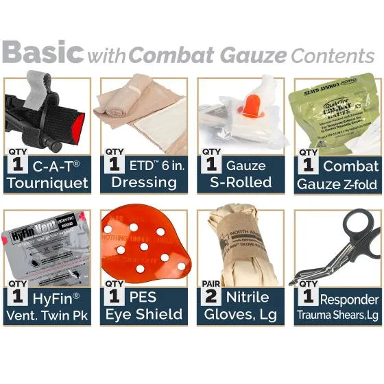 A grid displays the contents of the Caliber Armor Tactical Operator Response Kit - TORK, including a tourniquet, bandage, gauze, combat gauze, eye shield, gloves, trauma shears, and vented chest seals.
