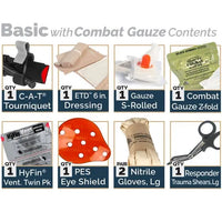Thumbnail for A grid displays the contents of the Caliber Armor Tactical Operator Response Kit - TORK, including a tourniquet, bandage, gauze, combat gauze, eye shield, gloves, trauma shears, and vented chest seals.