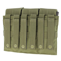 Thumbnail for The Caliber Armor Triple M4 Mag Pouch is a green MOLLE-compatible pouch with four compartments, ideal for AR/M4 mags, and features front vertical straps with snap button closures.