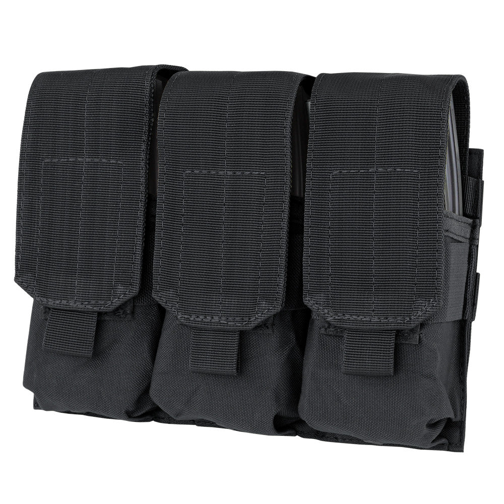 The Caliber Armor Triple M4 Mag Pouch features three separate AR/M4 mag compartments, each with a hook-and-loop flap, crafted from durable fabric and MOLLE compatible for versatile attachment.