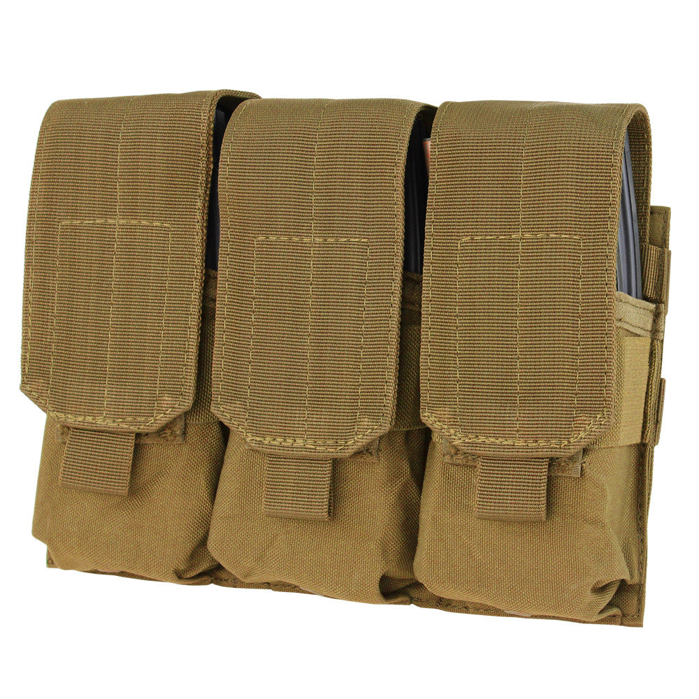 The Caliber Armor Triple M4 Mag Pouch is a tan MOLLE-compatible pouch with three hook-and-loop flap-secured compartments, made from durable fabric—ideal for carrying AR/M4 magazines securely.