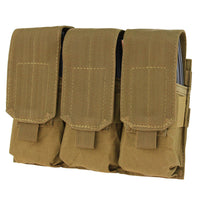 Thumbnail for The Caliber Armor Triple M4 Mag Pouch is a tan MOLLE-compatible pouch with three hook-and-loop flap-secured compartments, made from durable fabric—ideal for carrying AR/M4 magazines securely.