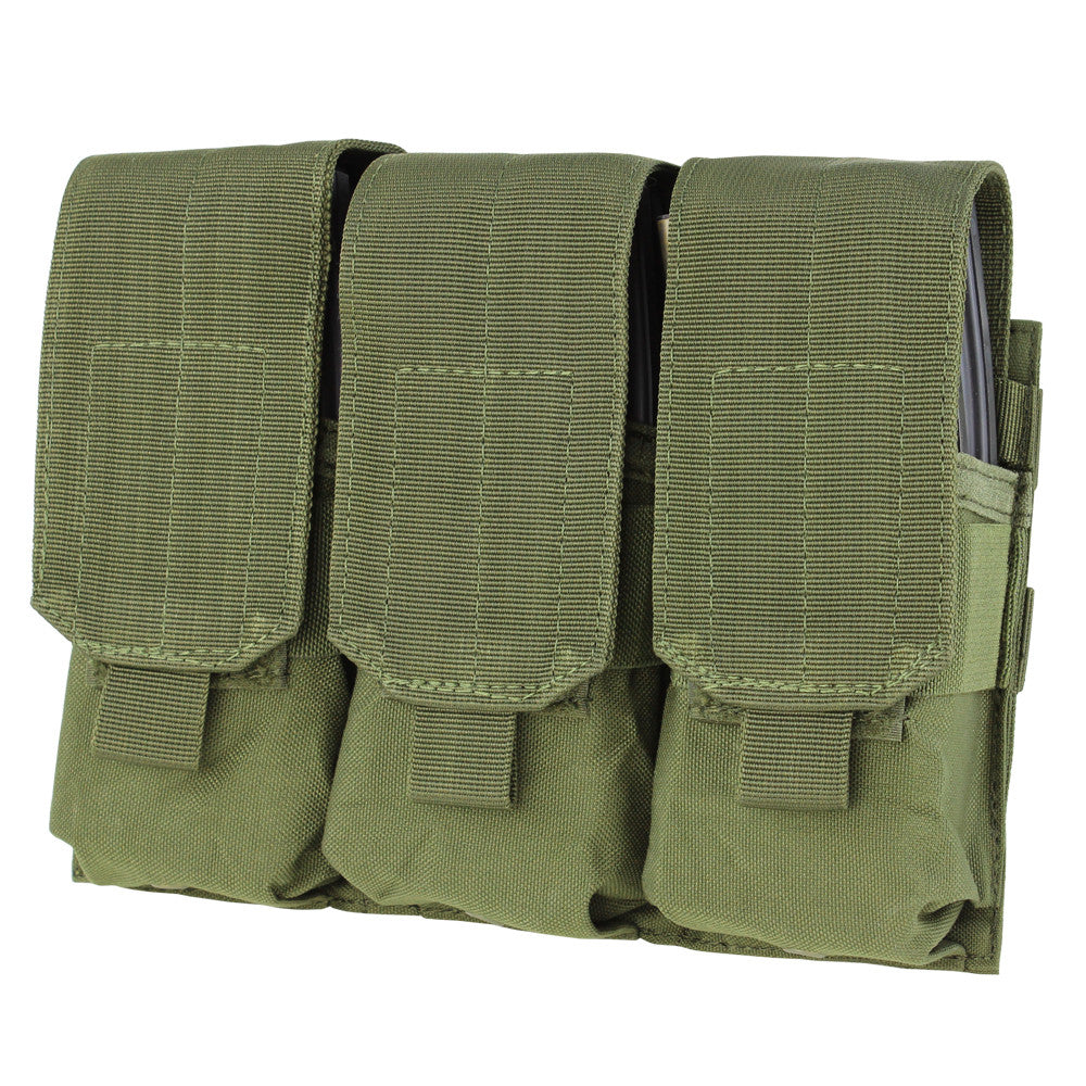 The Caliber Armor Triple M4 Mag Pouch is a green, MOLLE-compatible pouch with three hook-and-loop flap compartments—perfect for securely and efficiently carrying AR/M4 magazines.