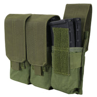 Thumbnail for The Caliber Armor Triple M4 Mag Pouch is an olive green MOLLE-compatible pouch with three compartments—two with flap and Velcro closures, and one open compartment for holding two black AR/M4 magazines.