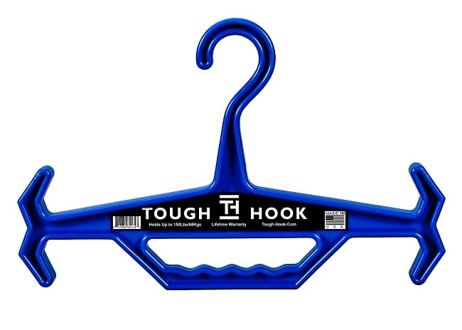 The Caliber Armor Tough Hook is a blue heavy-duty plastic armor gear hanger with angled arms and a central handle, designed to hold tactical plate carriers and other gear.