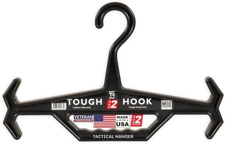 The Caliber Armor Tough Hook is a black heavy-duty plastic hanger with a USA flag, “Veteran Owned Business,” and “Made in the USA” stickers—designed for plate carriers and tactical gear, featuring extra hooks for armor equipment.