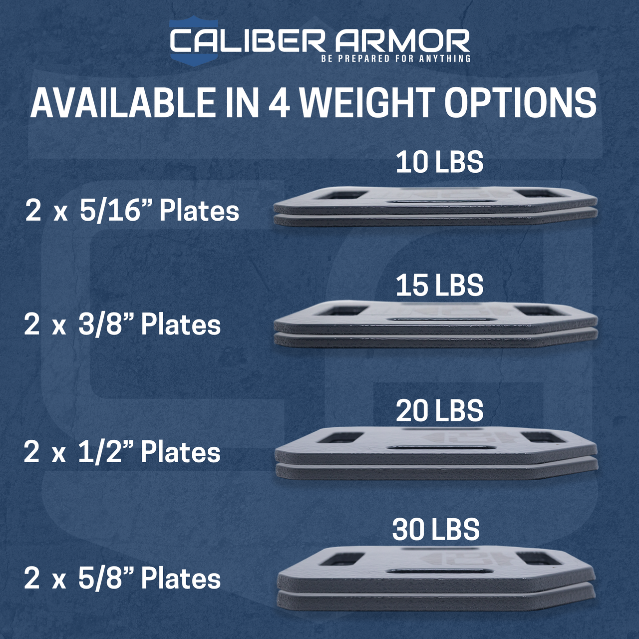 Caliber Armor Weighted Training Plates, sold in pairs (5 lb, 7.5 lb, 10 lb, 15 lb), labeled by weight and thickness—ideal for weighted vest workouts—with the Caliber Armor logo displayed above.
