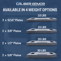 Thumbnail for Caliber Armor Weighted Training Plates, sold in pairs (5 lb, 7.5 lb, 10 lb, 15 lb), labeled by weight and thickness—ideal for weighted vest workouts—with the Caliber Armor logo displayed above.