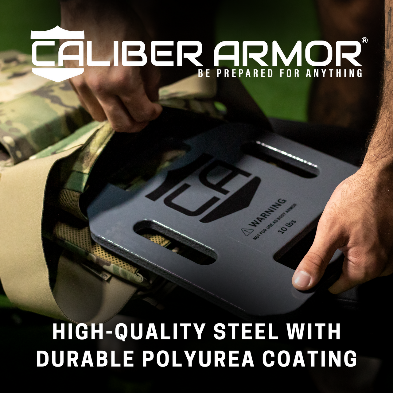 weighted training plate graphic highlighting how to insert them into  plate carriers and the fact that they have a tough rust preventative polyurea coating on each training plate regardless of the weight
