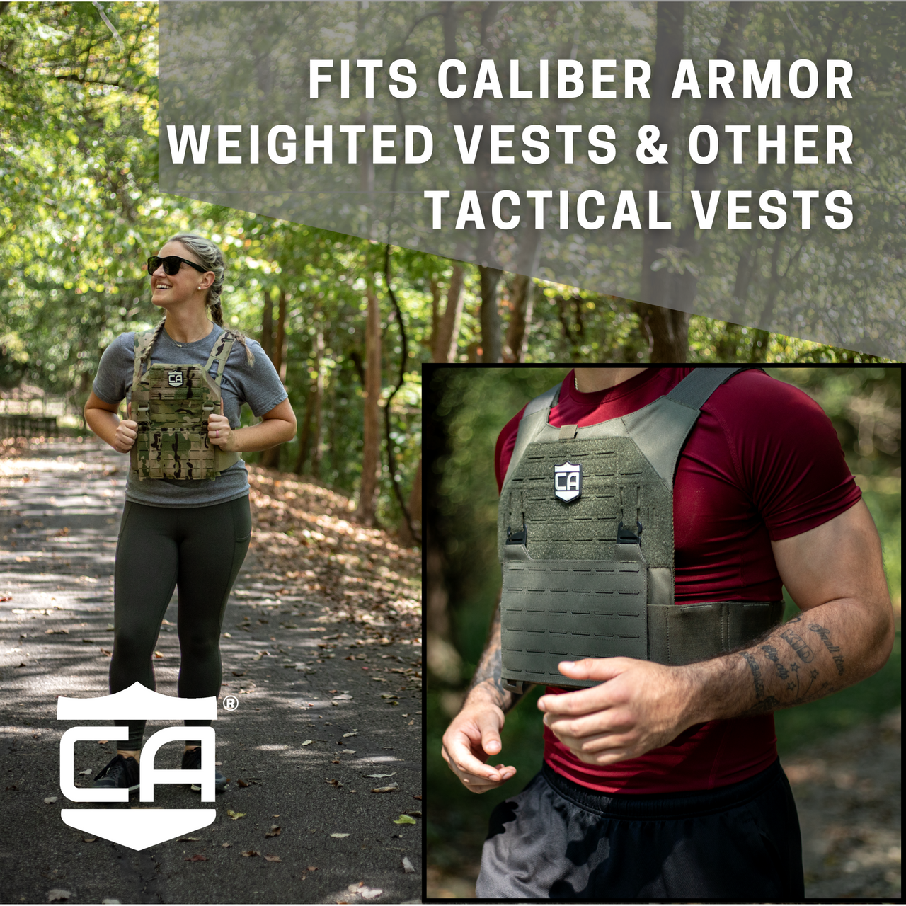 weighted training plate graphic highlighting that they are compatible with Caliber Armor and other plate carrers that accept a 10" x 12 plates