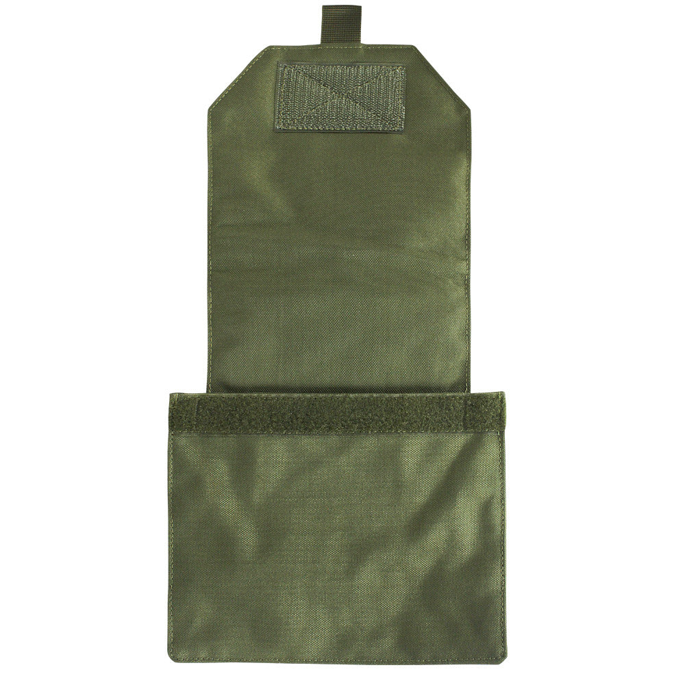 An open olive green nylon pouch with flap and Velcro closure, the Caliber Armor VAS Side Plate Insert (2PCS/Pack) is shown empty on a white background.