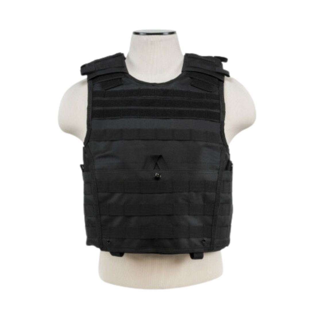 The Caliber Armor VISM Expert Plate Carrier XS, a black tactical vest with MOLLE webbing, is shown on a torso mannequin against a plain white background.