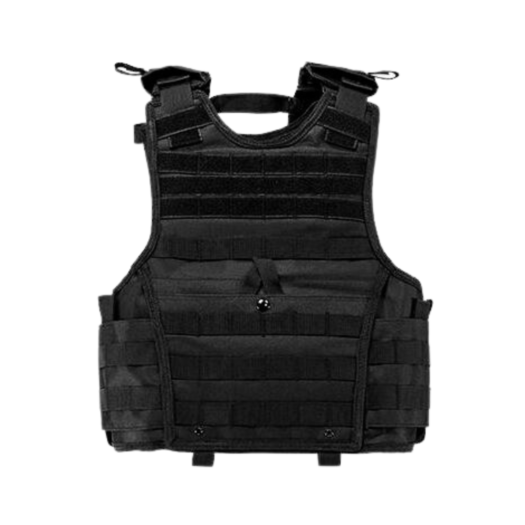 The Caliber Armor VISM Expert Plate Carrier XS, in black, features adjustable shoulder straps, multiple pouches, and MOLLE webbing, shown against a plain white background.