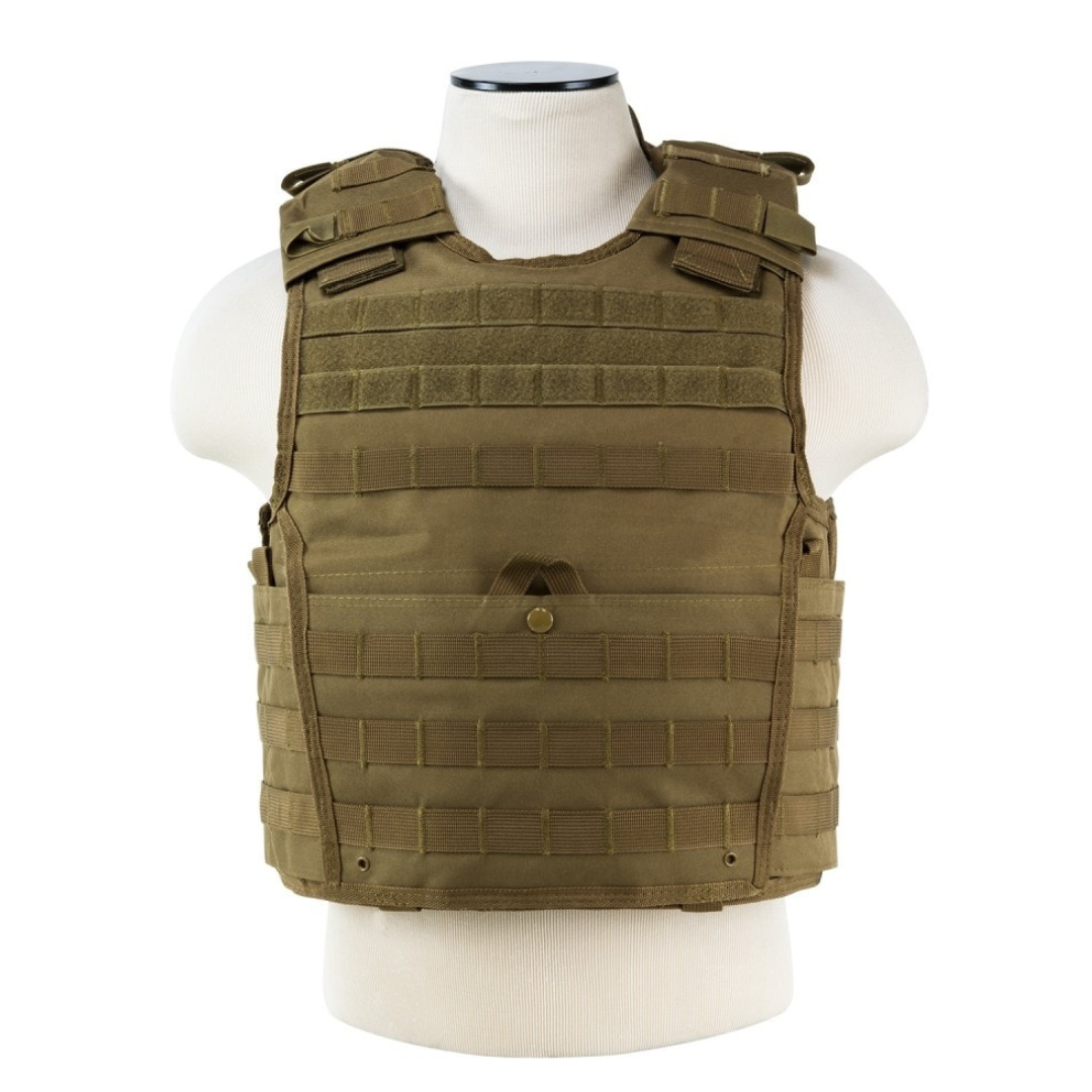 The Caliber Armor VISM Expert Plate Carrier XS is a tan tactical vest shown on a white mannequin torso, featuring multiple rows of MOLLE webbing for attachments and designed to function as a plate carrier.