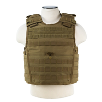 Thumbnail for The Caliber Armor VISM Expert Plate Carrier XS is a tan tactical vest shown on a white mannequin torso, featuring multiple rows of MOLLE webbing for attachments and designed to function as a plate carrier.