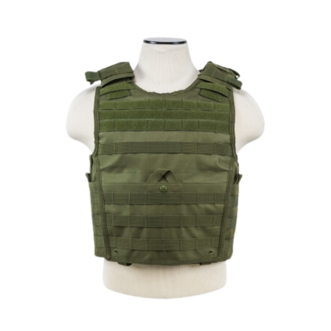 The Caliber Armor VISM Expert Plate Carrier XS, in green with MOLLE webbing, is shown on a white mannequin torso against a plain background.