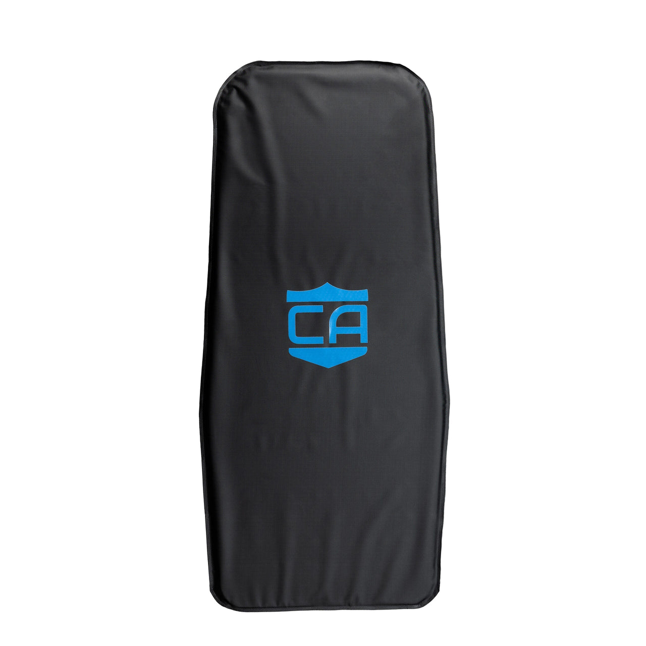 A rectangular black CaliberX IIIA Body Armor Insert by Caliber Armor, featuring a blue shield emblem, designed to fit Vertx backpacks and provide enhanced soft armor protection.