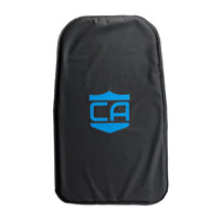Thumbnail for The CaliberX IIIA Body Armor Insert for Vertx Backpacks by Caliber Armor is a black rectangular pad with rounded edges, featuring a blue shield and 