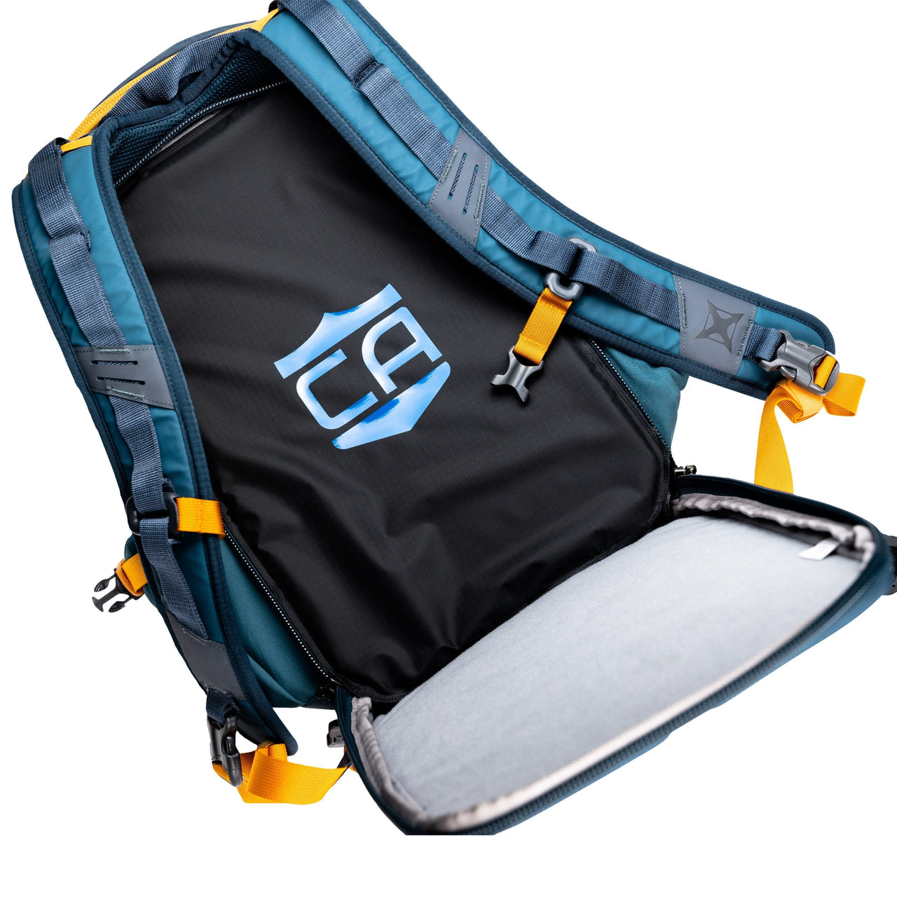 A blue Vertx backpack with yellow straps is open, showing a black compartment holding the Caliber Armor CaliberX IIIA Body Armor Insert, designed for soft body armor protection. A stylized blue and white logo is visible inside.