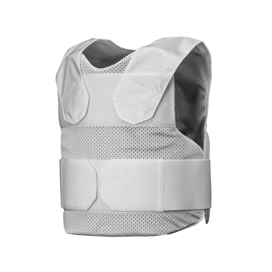 The Caliber Armor CaliberX IIIA Covert Body Armor Concealable Vest Package features perforated fabric, wide shoulder straps, and a large adjustable waistband in white, shown on a plain white background.