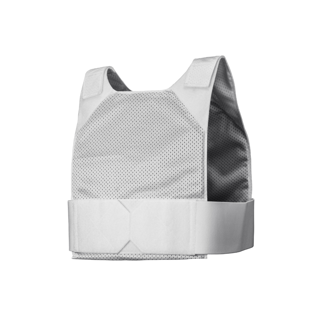 The Caliber Armor CaliberX IIIA Gray Man Concealable Package is a white, sleeveless bulletproof vest with soft armor panels and a wide adjustable strap, shown against a plain white background.