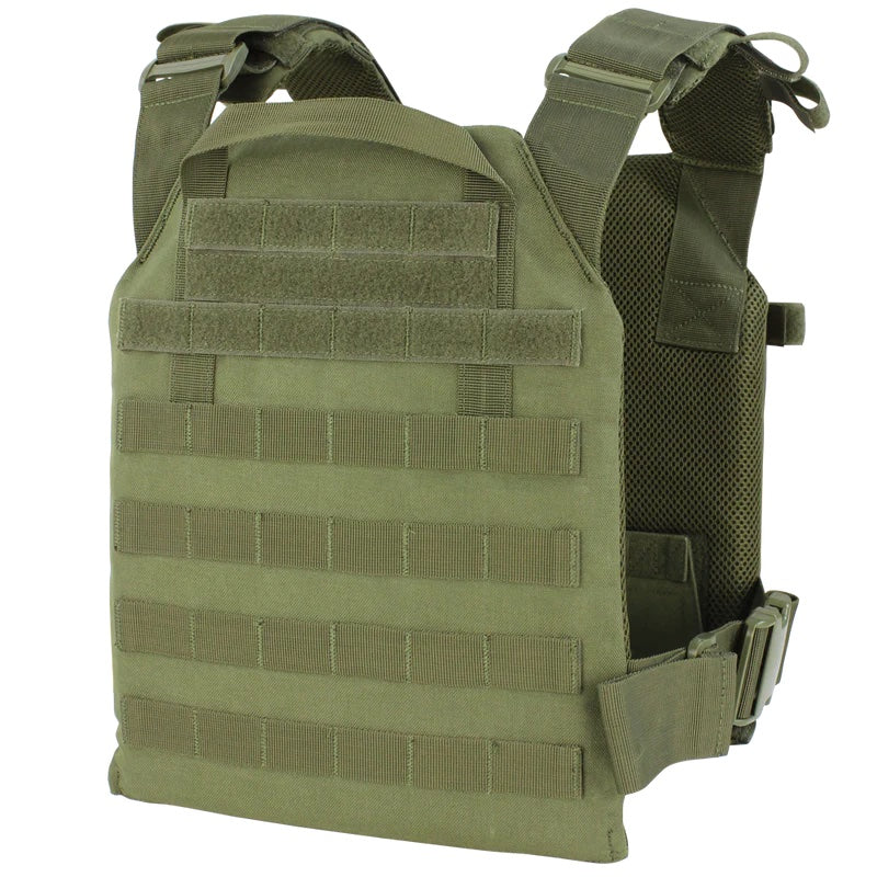Olive green tactical vest with modular attachment strips and Caliber Armor AR550 Level III+ Quick Response /w PolyShield - Shooters Cut - PolyShield steel body armor.