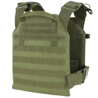 Thumbnail for Olive green tactical vest with modular attachment strips and Caliber Armor AR550 Level III+ Quick Response /w PolyShield - Shooters Cut - PolyShield steel body armor.