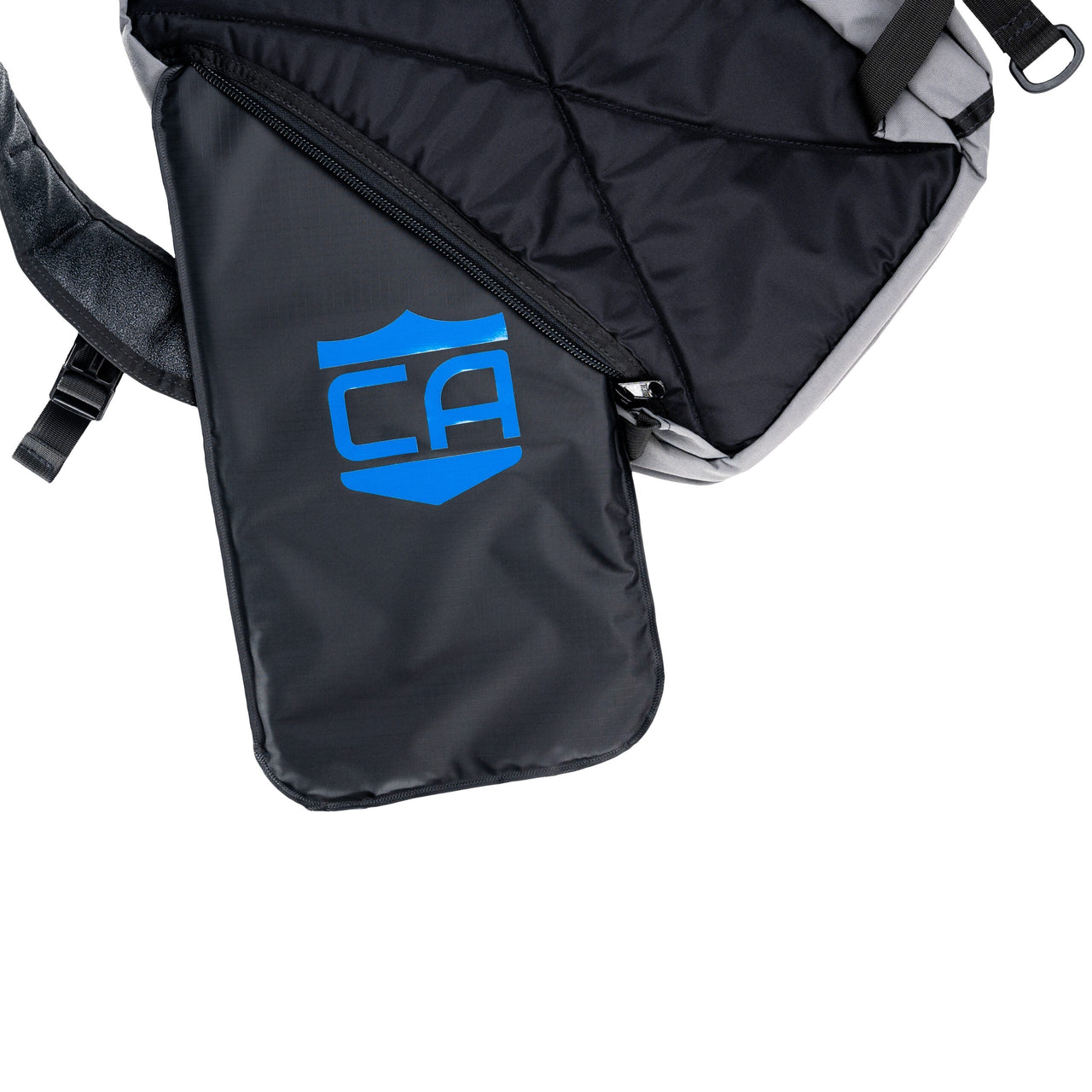 The Caliber Armor CaliberX IIIA Body Armor Insert fits Vertx backpacks and offers added protection by accommodating NIJ Level IIIA soft body armor. The backpack features a black and gray design with a blue CA logo on the exterior pocket.