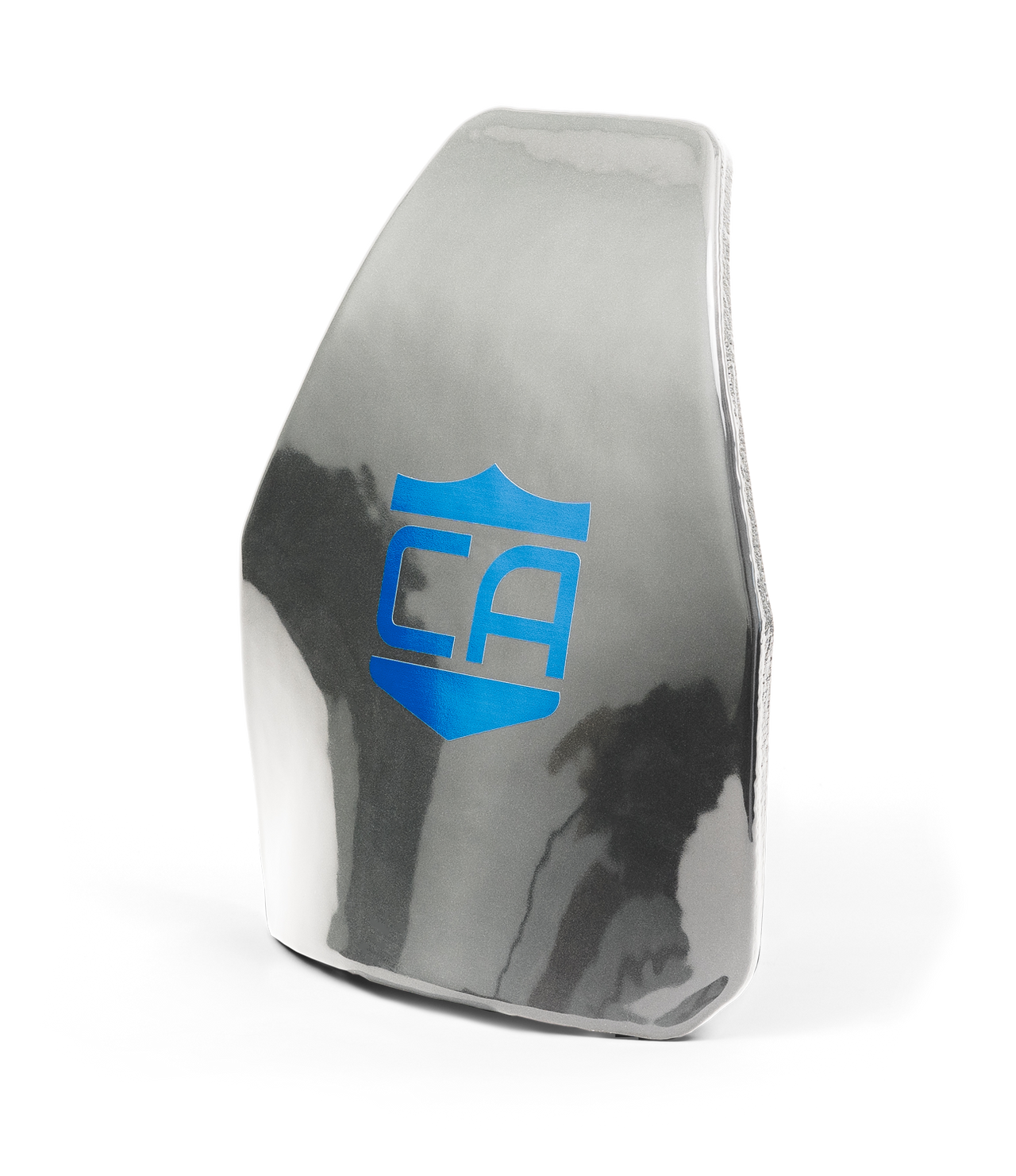 A rectangular metallic AR550 III+ Multi-Curve Body Armor plate from Caliber Armor, featuring a blue shield logo with "CA" on its surface, photographed against a plain white background.