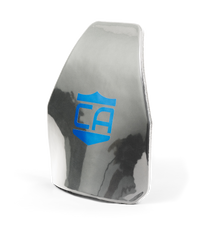 Thumbnail for A rectangular metallic AR550 III+ Multi-Curve Body Armor plate from Caliber Armor, featuring a blue shield logo with 