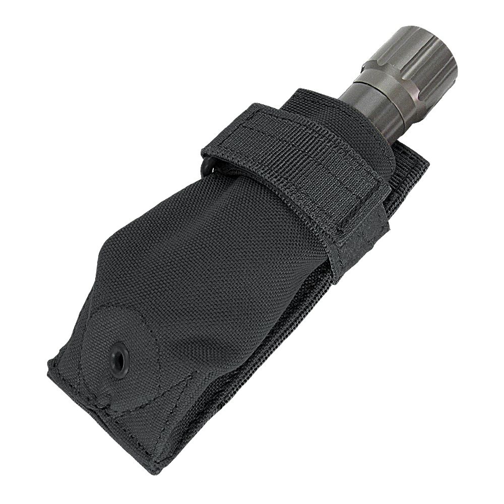A flashlight partially inserted into a black nylon Caliber Armor Flashlight Pouch with a Velcro strap, compatible with MOLLE systems.