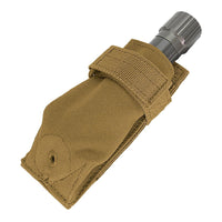 Thumbnail for A tan nylon Flashlight Pouch with a strap from Caliber Armor holds a flashlight that is partially visible at the top.