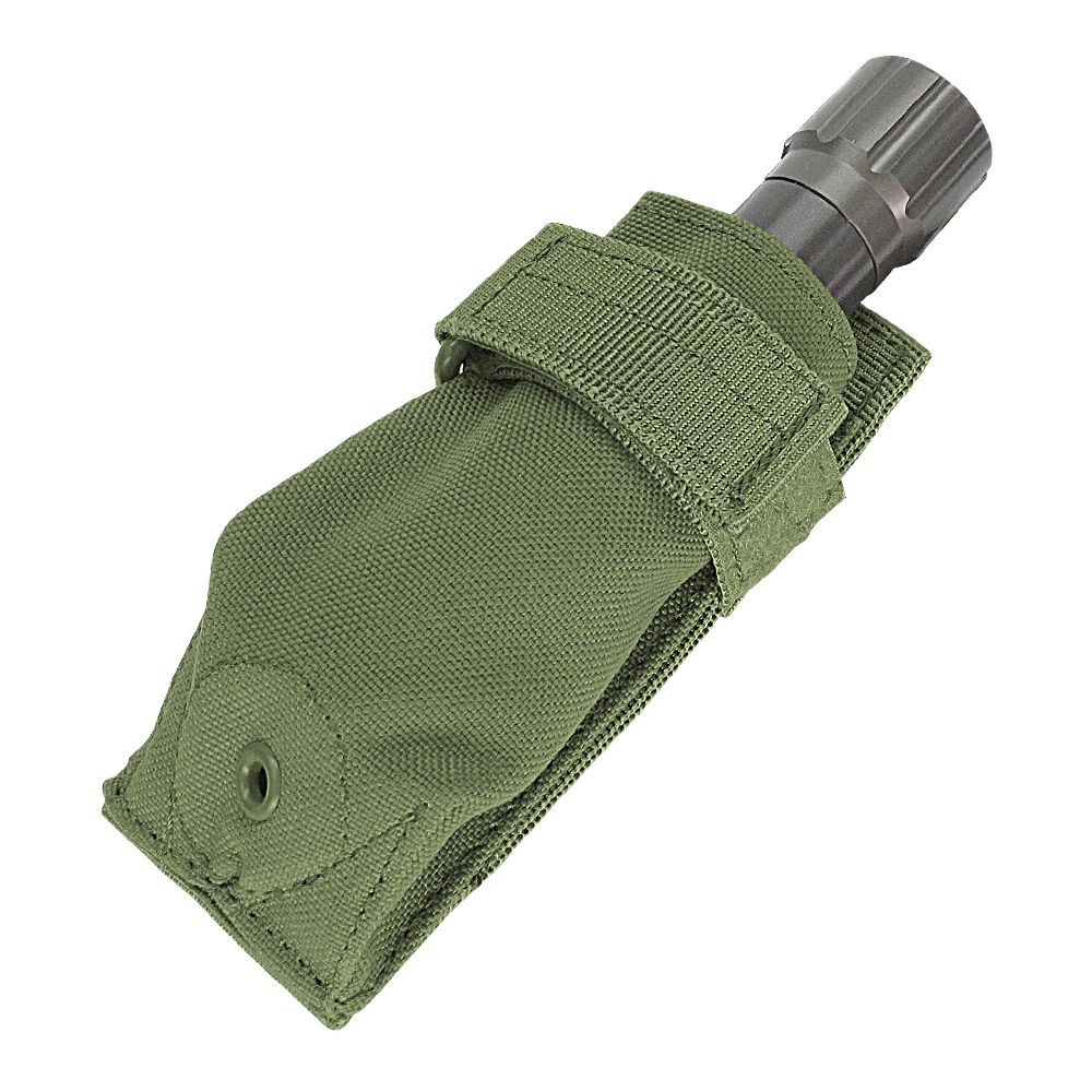 A green nylon Caliber Armor Flashlight Pouch with a flap holds a metal flashlight that's partially visible at the open end.