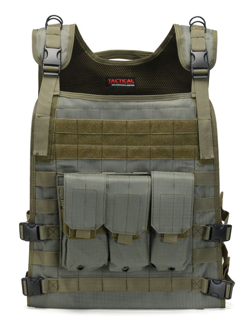 A Tactical Scorpion Gear Wildcat MOLLE Armor Plate Carrier Vest made with ripstop nylon and equipped with multiple compartments for MOLLE accessories.