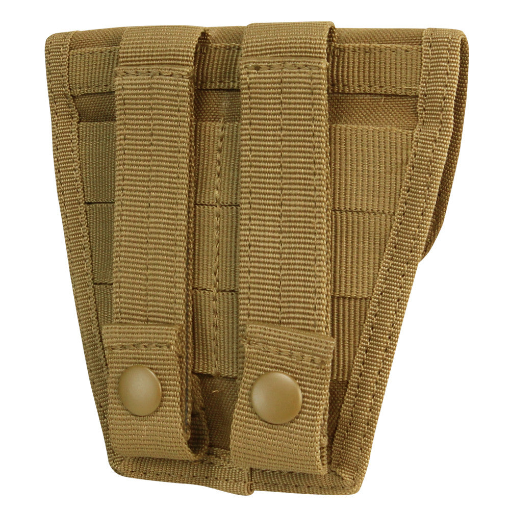 A tan nylon Handcuff Pouch by Caliber Armor features two vertical MOLLE straps with snap buttons for secure gear attachment.