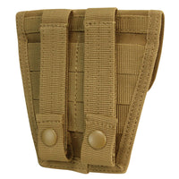 Thumbnail for A tan nylon Handcuff Pouch by Caliber Armor features two vertical MOLLE straps with snap buttons for secure gear attachment.